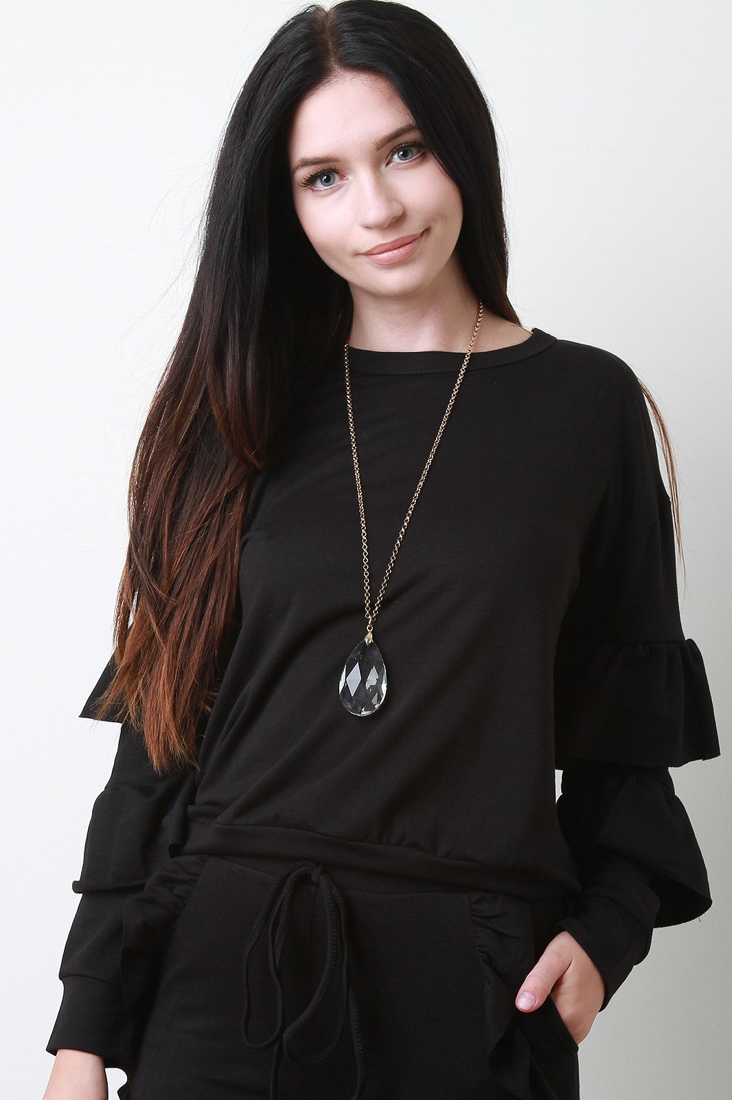 Tiered Ruffled Long Sleeve Crew Neck Top