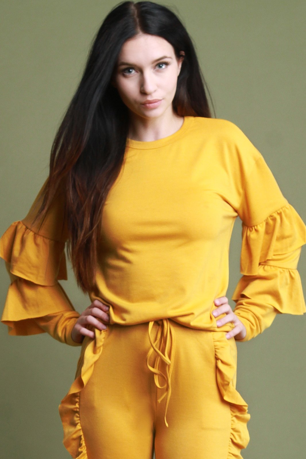 Tiered Ruffled Long Sleeve Crew Neck Top