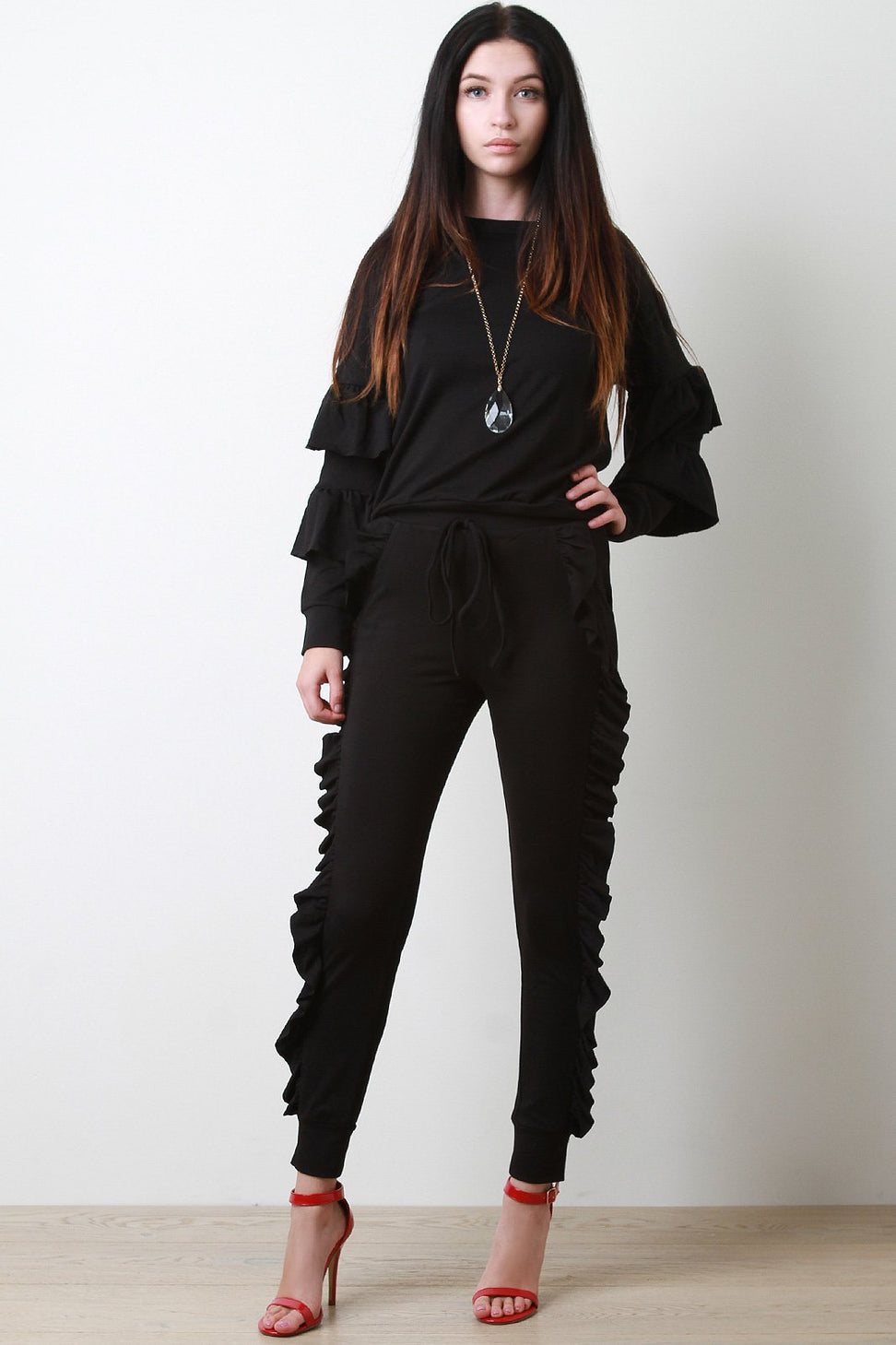 High Waisted Ruffled Sides Jogger Pants