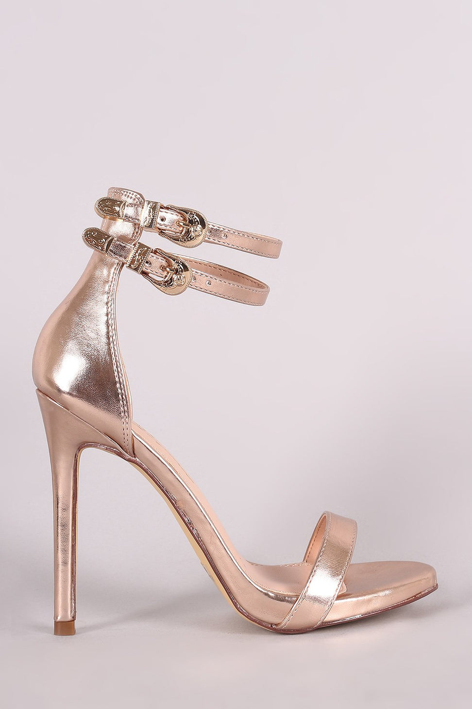 Metallic Double Ankle Strap Single Sole Stieltto Heel